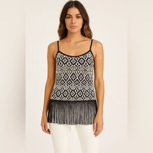 Freeway Black & White Tribal Fringe Tank Top Boho Festival Style sz M